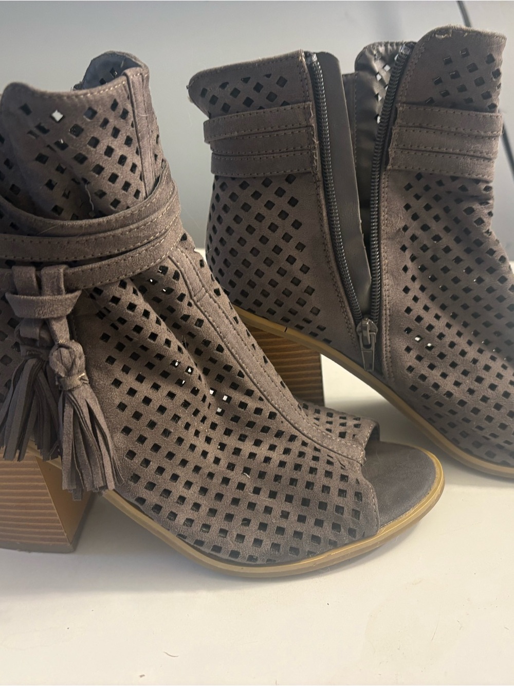 Suede Taupe Peep-Toe Perforated Ankle Boots with Tassel